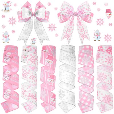 Chitidr 6 Rolls 30 Yard Winter Wired Ribbon 2 Inch Snowflake Snowman Ribbon Winter Swirl Burlap Wonderland Gift Wrapping Thread for Tree Topper Wreath DIY Craft Bow Decor(Snowflake,Pink, White)