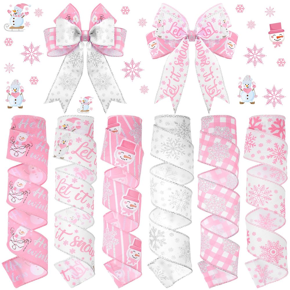 Chitidr 6 Rolls 30 Yard Winter Wired Ribbon 2 Inch Snowflake Snowman Ribbon Winter Swirl Burlap Wonderland Gift Wrapping Thread for Tree Topper Wreath DIY Craft Bow Decor(Snowflake,Pink, White)