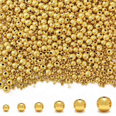 250Pcs 6mm 18K Gold Filled Spacer Beads for Jewelry Making, Smooth Round Beads for Bracelet, Seamless Ball Beads Brass Loose Beads Metal Beads for DIY Summer Hawaii Layered Necklace Bracelet Making