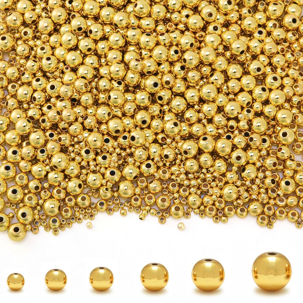 250Pcs 6mm 18K Gold Filled Spacer Beads for Jewelry Making, Smooth Round Beads for Bracelet, Seamless Ball Beads Brass Loose Beads Metal Beads for DIY Summer Hawaii Layered Necklace Bracelet Making