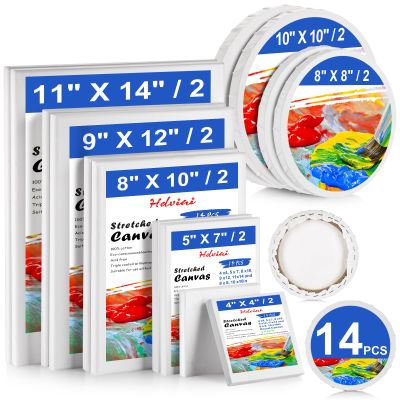 Stretched Canvas - 4x4, 5x7, 8x10, 9x12, 11x14 and Round Canvas 8x8, 10x10 (2 of Each) Total 14 Canvas Pack - 100% Cotton Blank Canvases for Oils Acrylics and Pouring