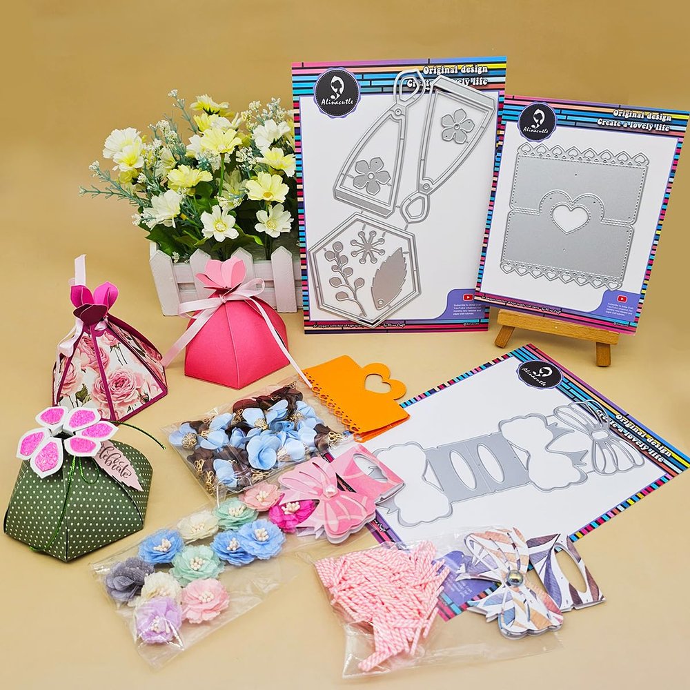 Alinacutle Flower Treat Box Bow Heart Bag Topper Set Metal Cutting Die Cut for Gifts Packing Handmade Paper Craft for Birthday Festival Celebrate Presents Container