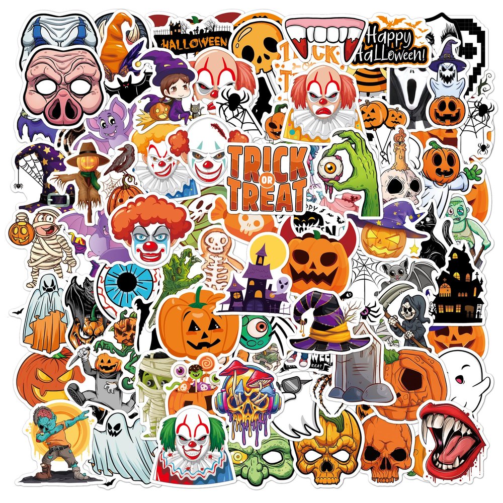 Halloween Stickers, 100 PCS Halloween Stickers Bulk, Big Halloween Sticker for Party Favor, Cute Vinyl Ghost Pumpkin Clown Sticker Decal for Halloween Party Decorations