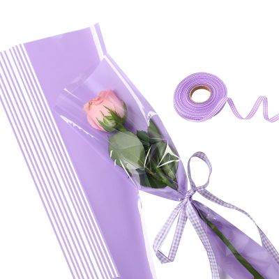 UnnFiko 50 Pack Single Rose Flower Sleeves for Bouquets, Flower Wrapping Paper Floral Wrap Bags with Ribbons Flower Tape for Florist Supplies Wedding (17.7 x 4.9 Inches) (Purple)