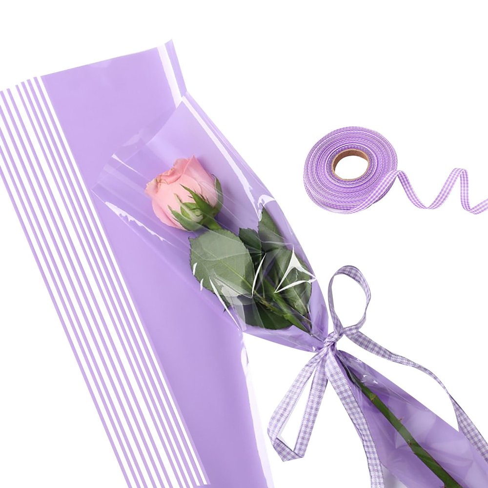 UnnFiko 50 Pack Single Rose Flower Sleeves for Bouquets, Flower Wrapping Paper Floral Wrap Bags with Ribbons Flower Tape for Florist Supplies Wedding (17.7 x 4.9 Inches) (Purple)