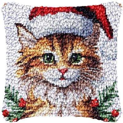 Merry Christmas Cat Latch Hook Pillow Kits Color Printed Canvas Cushion Crochet Yarn Needlework Hook Latch Kit DIY Embroidery Pillowcase Rug Cover Home Sofa Christmas Decor 43x43cm(3)