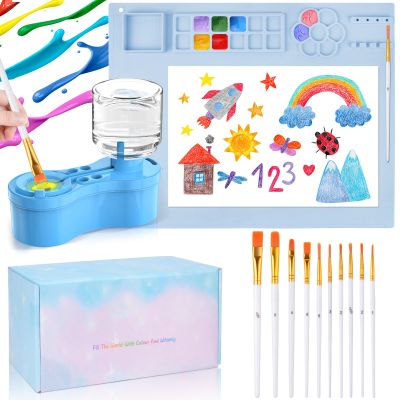 Mikiwon Painting Station, Paint Brush Cleaner and Silicone Art Mat 20"X16" with 10 Paint Brushes, Paint Brush Rinser, Art Supplies Set (Blue)
