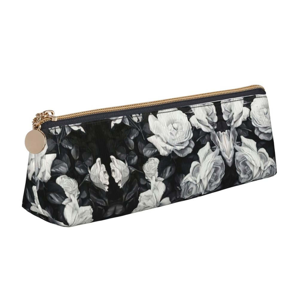 JIPOFD Black White Rose Creative Triangular Leather Pencil Case Is Light And Convenient With Large Storage Capacity