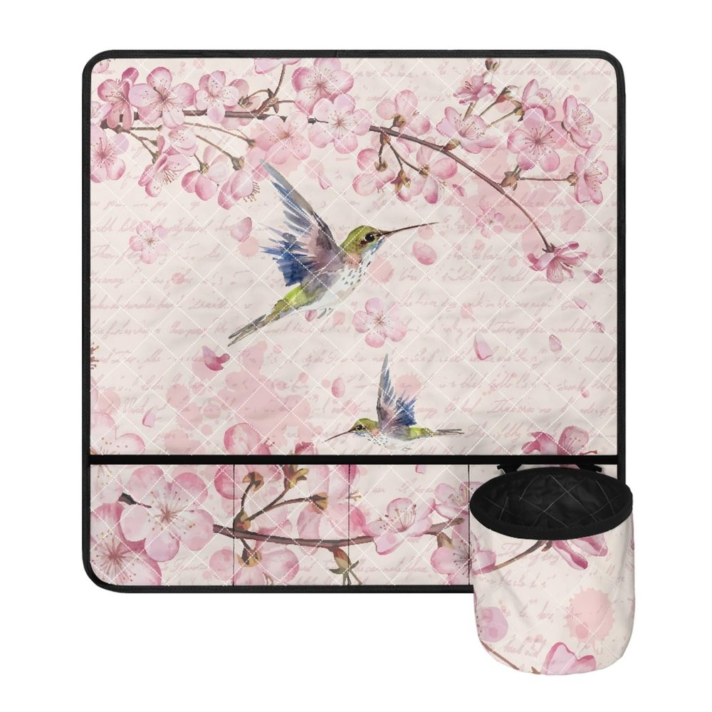 GLENLCWE Hummingbird Cherry Blossom Sewing Machine Pad for Table with Pockets and Round Holder Lightweight Dust Cover Soft Sewing Machine Mats Desk Organizer Protector Washable