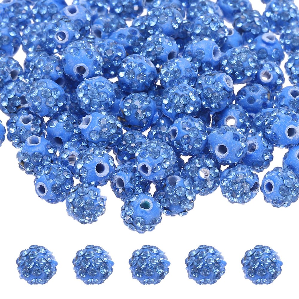 MECCANIXITY 100pcs 8mm Rhinestone Beads for Jewelry Making, Bling Disco Bead Sparkle Diamond Clay Bead for Necklace Bracelet Christmas, Light Blue