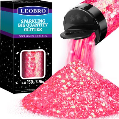 LEOBRO Pink Glitter, 150g/5.29oz Chunky Glitter for Crafts, Resin, Nail Body Art, Party Decorations, Iridescent Pink