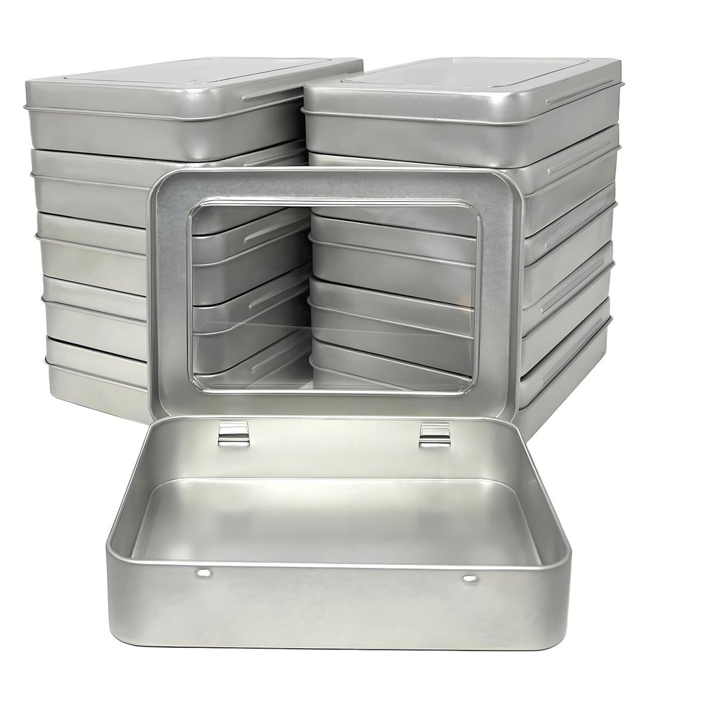 Forever bene Tin Box Small Metal Storage Box w/Clear Lid - Portable for Beads, JewelryCrafts, Zyn Tin,Mint Candy,Small Items Travel,Stackable,DIY,Versatile,With Adhesive Label (Silvery 12 Pcs)
