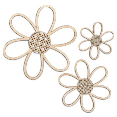 Woodpeckers Rattan Daisy Wall Decor 8-inch, Pack of 5 Wooden Flower Wall Decor for Nursery Decor for Girls and Floral Home/Party Decor