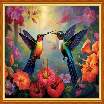 Foxhool Stamped Cross Stitch Kits,11CT Printed Cross Stitch Pattern Full Embroidery Kits for Beginner Needlepoint Kits-Hummingbirds Collect Honey 16x20 inch