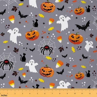 Erosebridal Halloween Flannel Fabric by The Yard, Pumpkin Lantern Cartoon Bats Upholstery Fabric, Ghost Spider Kids DIY Decor, Gothic Kitten Sugar Indoor Not Stretchy Decor, Gray Orange, 5 Yards