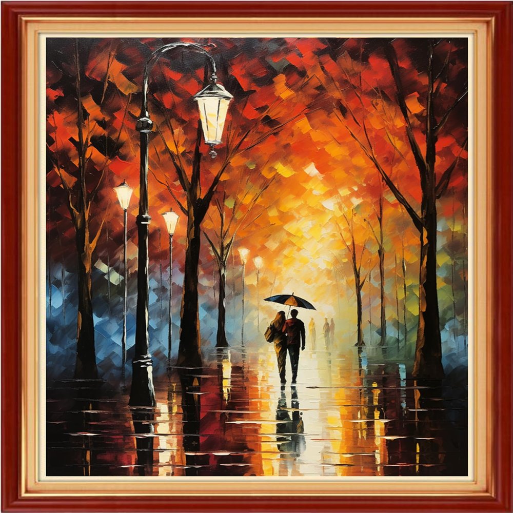 Foxhool Stamped Cross Stitch Kits,11CT Printed Cross Stitch Pattern Full Embroidery Kits for Beginner Needlepoint Kits-Couples Strolling on Rainy Nights 16x20 inch