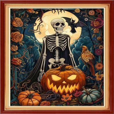 Foxhool Stamped Cross Stitch Kits,11CT Printed Cross Stitch Pattern Full Embroidery Kits for Beginner Needlepoint Kits-Funny Skeleton 16x20 inch