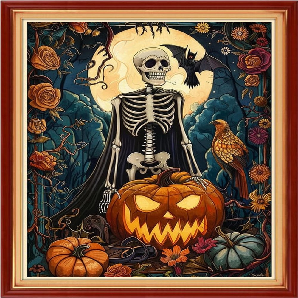 Foxhool Stamped Cross Stitch Kits,11CT Printed Cross Stitch Pattern Full Embroidery Kits for Beginner Needlepoint Kits-Funny Skeleton 16x20 inch