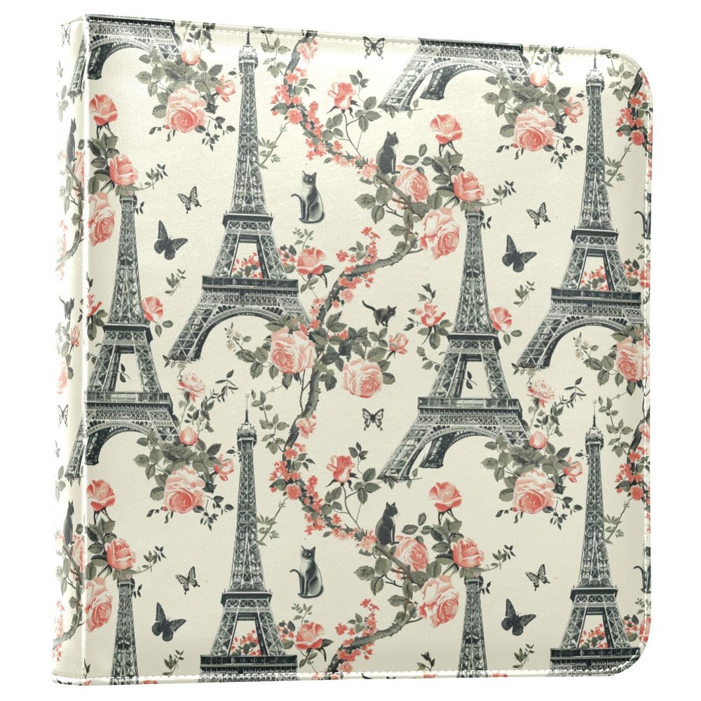 ALAZA Eiffel Tower Roses Cats Photo Album Self Adhesive Scrapbook Album PU Leather Cover 3 Ring Binders Photo Book for Wedding Family Travel Memory