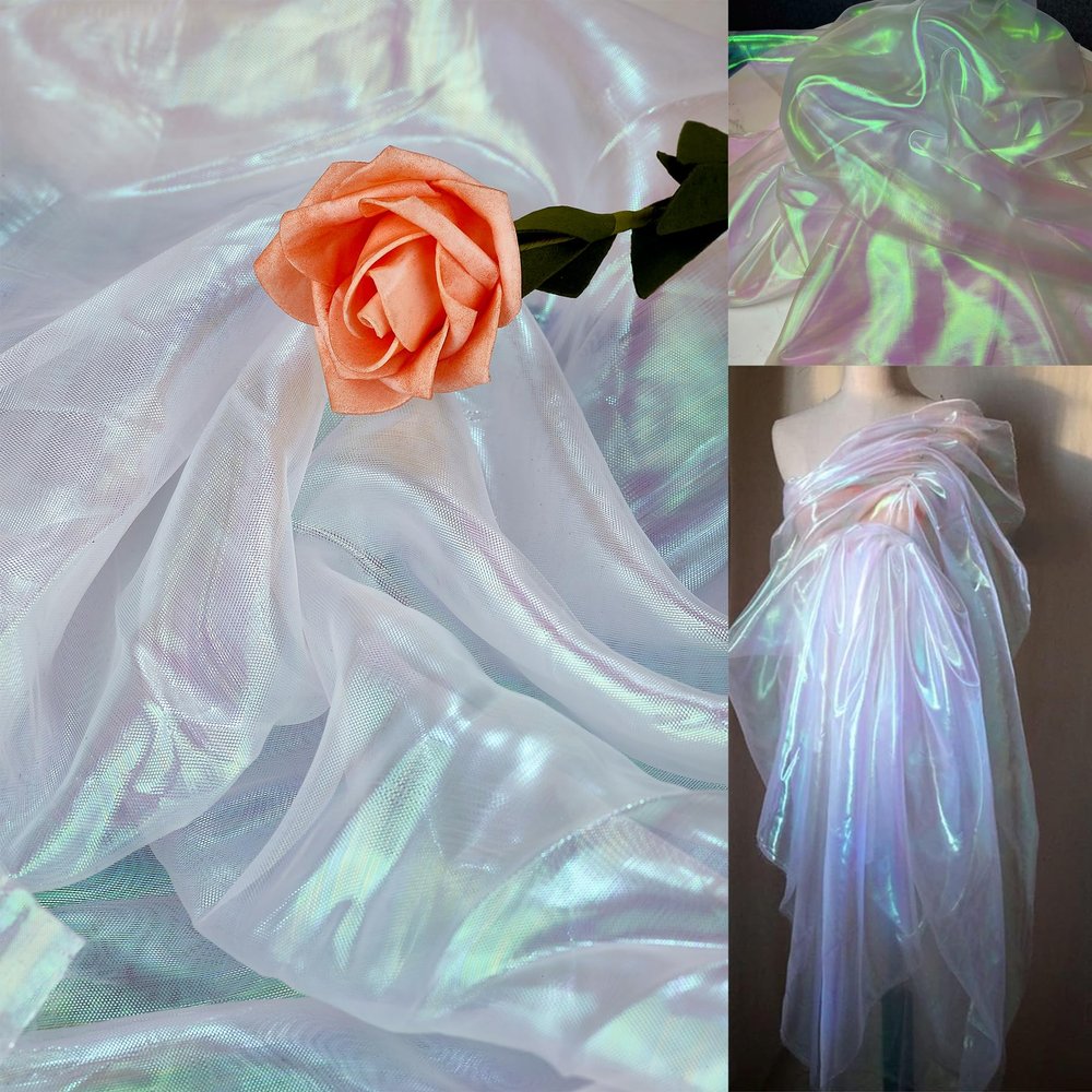 11 Yard Long White Iridescent Organza Fabric with Holographic Effect, 59-Inch Wide, Perfect for Halloween, Wedding Decoration, DIY Dress Costumes, Ideal for Fashion Designers,