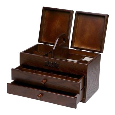 MNBVH Wooden Sewing Basket, Sewing and Embroidery Supplies Organizer with Handle, Vintage Compartmental and Drawer Box for Desktop Item Storage Gift Giving Use
