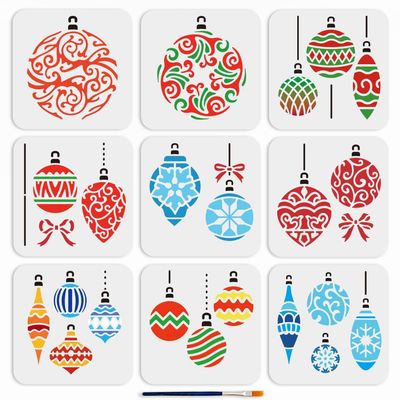 MAYJOYDIY Christmas Ball Stencils, 6x6 inch, 9 Pieces with Paint Brush, Holiday Ornament Templates