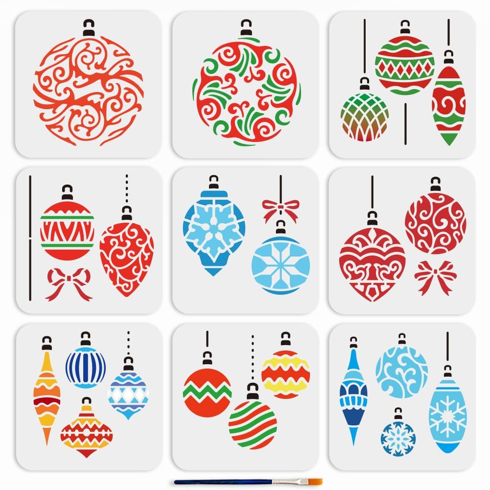 MAYJOYDIY Christmas Ball Stencils, 6x6 inch, 9 Pieces with Paint Brush, Holiday Ornament Templates