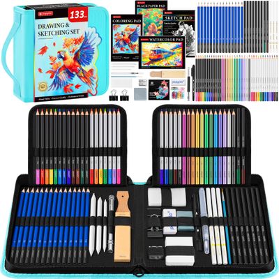 133 Pack Art Supplies Sketching Kit with Sketch Book, Coloring Book, Watercolor Pad, Black Paper Pad, Tutorial, Graphite Colored Charcoal Watercolor & Metallic Pencils for Artists Beginners Adults