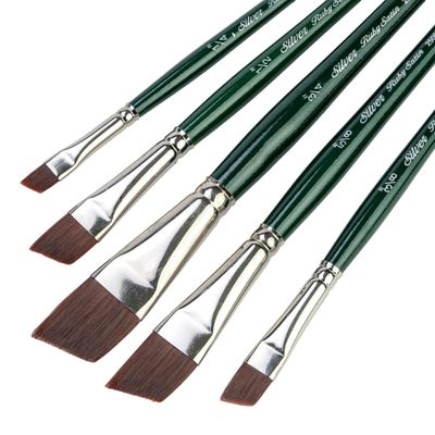 Silver Brush Limited RS-2551S Ruby Satin Short Handle Angle Brushes with Stiff & Flexible Synthetic Bristles, 5pc Professional Painting Set for Oil and Acrylic, Size 1/4, 3/8, 1/2, 5/8, and 3/4 Inch