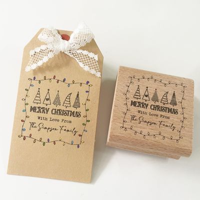 Personalized Christmas Stamp, Merry Christmas Custom Stamp, Christmas Tree with Family Name Stamp, Wooden Rubber Stamp (2x2 inches)