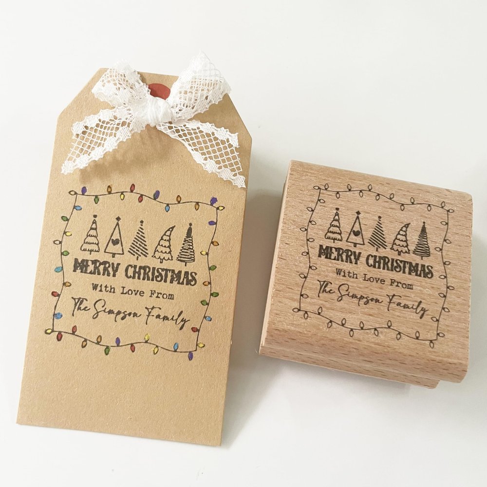 Personalized Christmas Stamp, Merry Christmas Custom Stamp, Christmas Tree with Family Name Stamp, Wooden Rubber Stamp (2x2 inches)