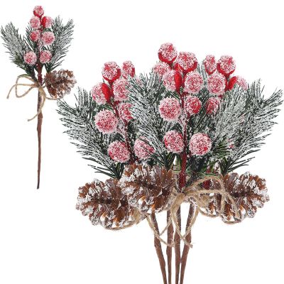 20 Pcs Christmas Pine Cone Red Berry Picks Faux Cedar Pine Needles Branches Small Pine Cones Stem for Holiday Arrangement Wreath DIY Garland Holiday Decor Winter Greenery