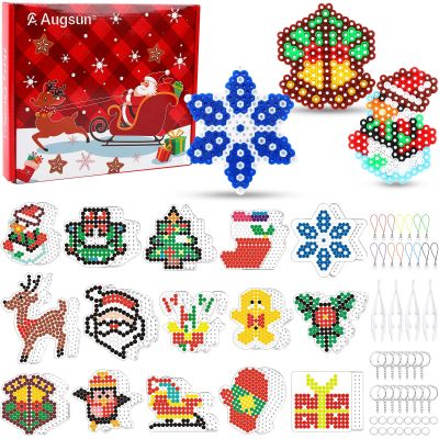 AUGSUN Fuse Beads Pegboards, Christmas 5 mm Fuse Beads Pegboards Kit, Including 15 Plastic Boards, 15 Hang Ropes, 15 Keychains, 4 Tweezers and 1Gift Box, Christmas Gift Set for Art Crafts