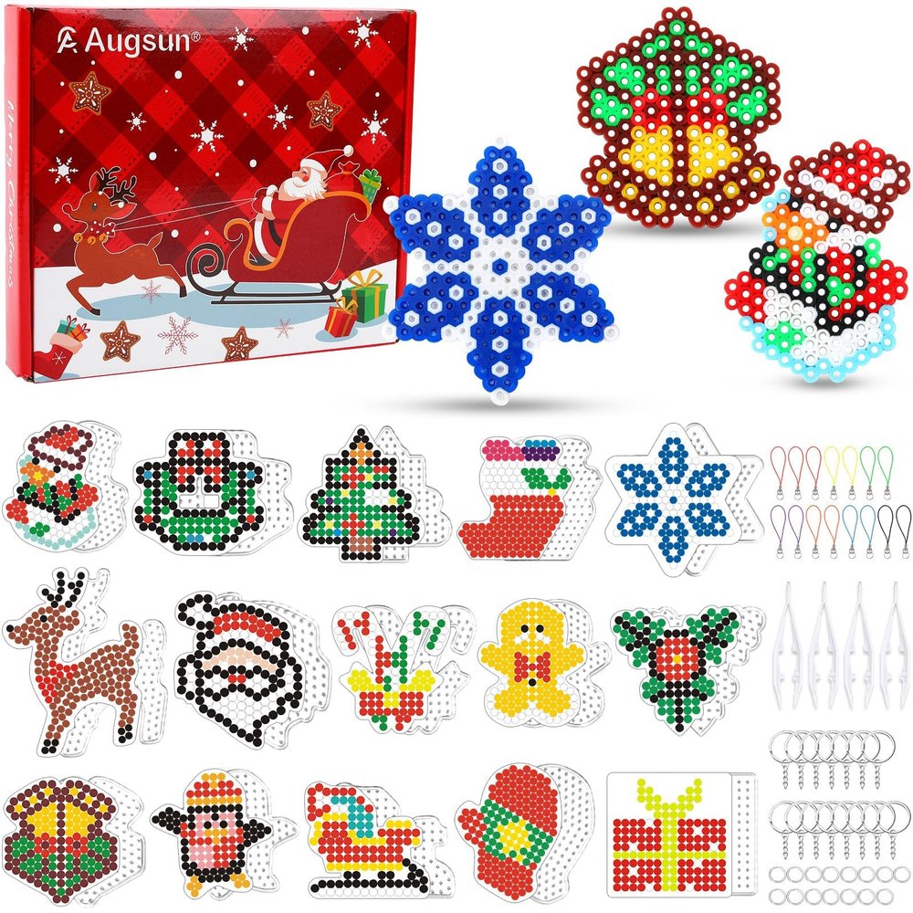 AUGSUN Fuse Beads Pegboards, Christmas 5 mm Fuse Beads Pegboards Kit, Including 15 Plastic Boards, 15 Hang Ropes, 15 Keychains, 4 Tweezers and 1Gift Box, Christmas Gift Set for Art Crafts