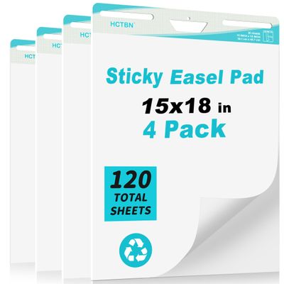 HCTBN Self-Stick Mini Easel Pad, 15 in x 18 in, 30 Sheets/Pad, 4 Pads, Sticky Flip Chart Paper for Teachers, Great for Students, Super Sticking Power & Bleed-Resistant