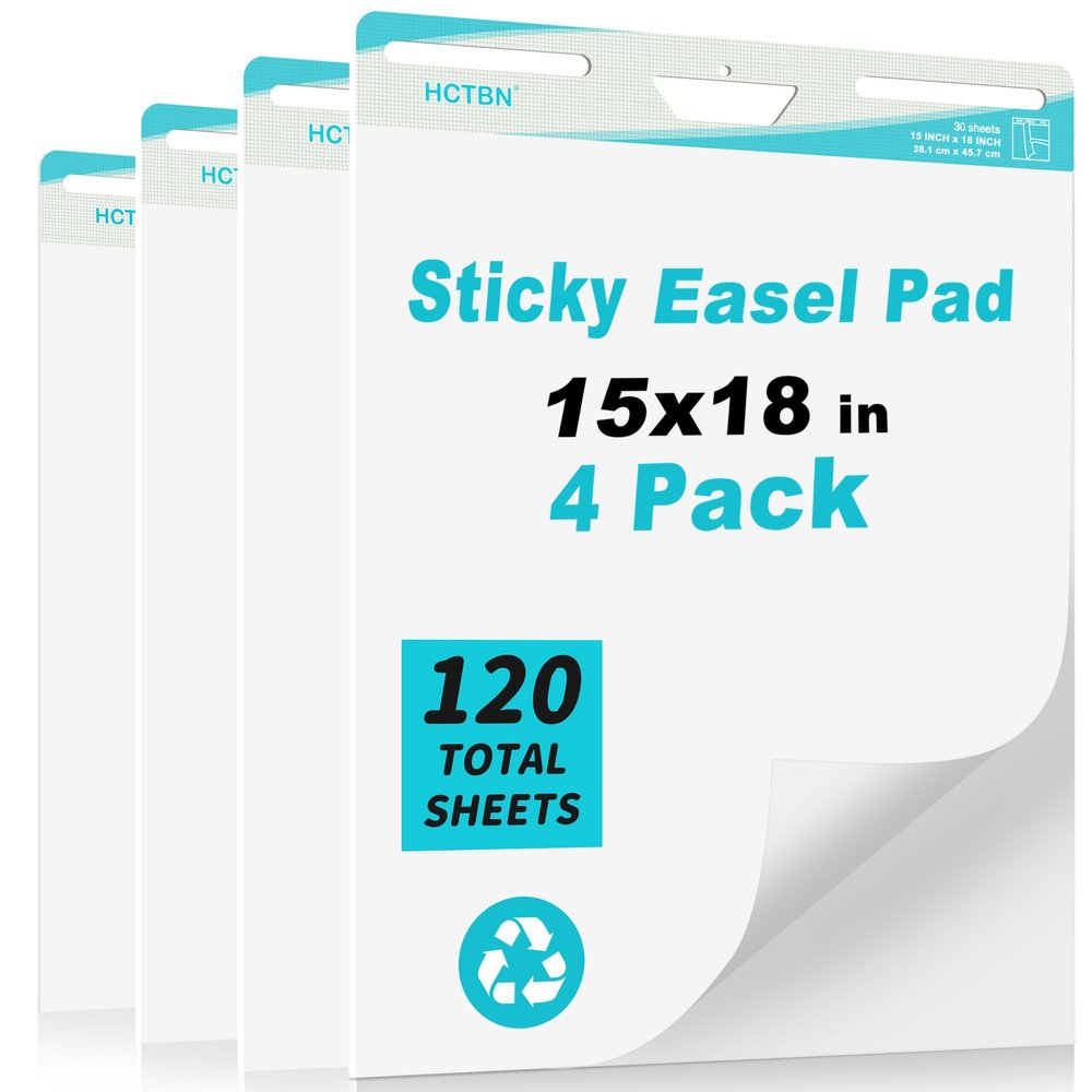 HCTBN Self-Stick Mini Easel Pad, 15 in x 18 in, 30 Sheets/Pad, 4 Pads, Sticky Flip Chart Paper for Teachers, Great for Students, Super Sticking Power & Bleed-Resistant