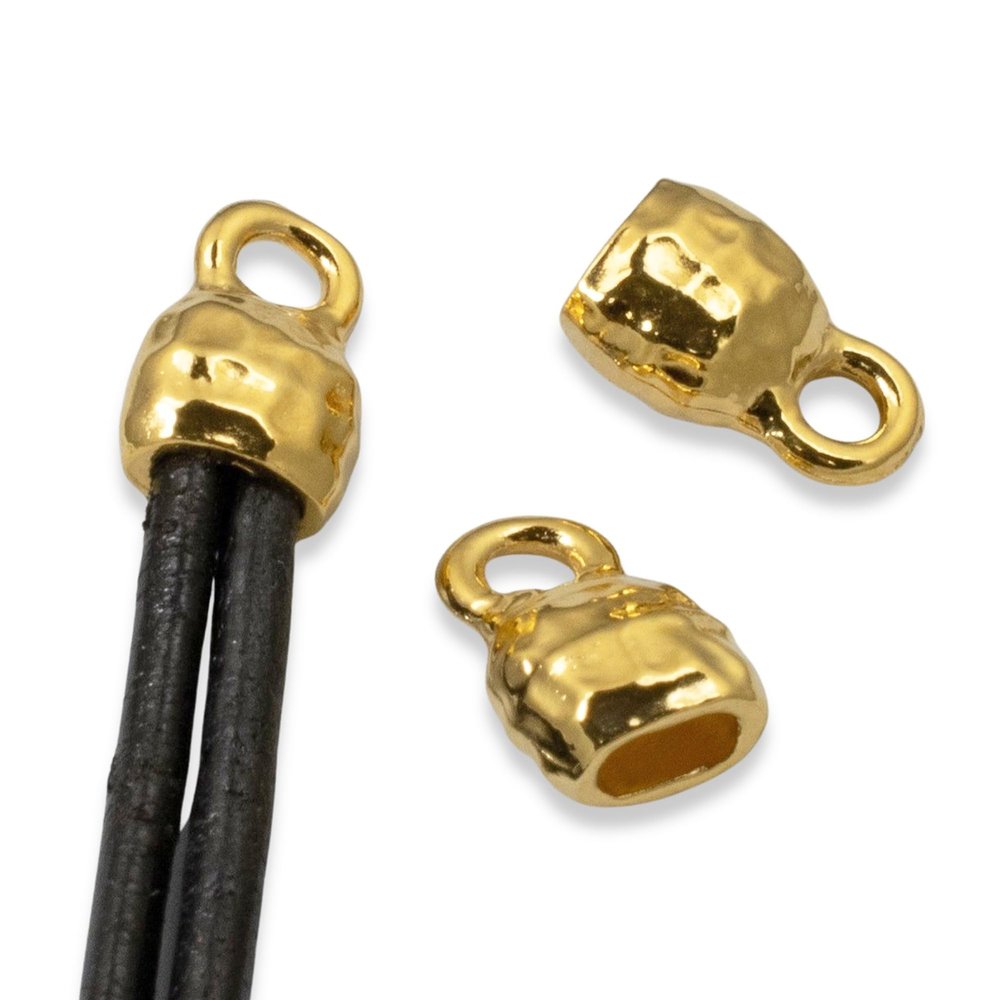 10 Gold Distressed Leather Cord Ends - Large 4x2mm Opening - Crimp End Caps for Leather, Ribbon, Suede Lace
