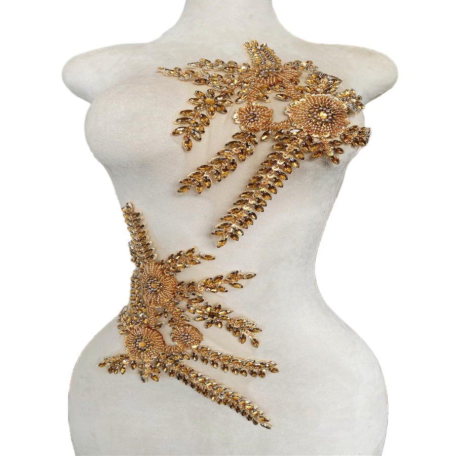 ESOSZNUA Two Colors Handmade Beaded Crystal Patches Bodice Lace DIY Applique Patches Accessory for Dress Clothes 1 Pair 8X12inches (Champagne)