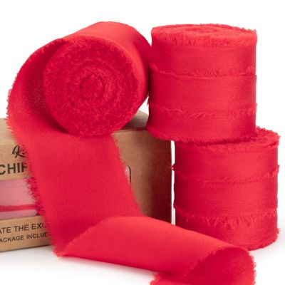 Keypan Christmas Red Ribbon for Gift Wrapping, 1-1/2 inch x 21 Yd Satin Chiffon Frayed Fabric Ribbons for Crafts Flower Bouquets Wedding Invitation Decorations