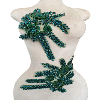 ESOSZNUA Two Colors Handmade Beaded Crystal Patches Bodice Lace DIY Applique Patches Accessory for Dress Clothes 1 Pair 8X12inches (Deepgreen)