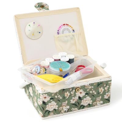 FOPUGT Sewing Basket - Medium Sewing Box for Sewing Supplies, Sewing Organizer Box Sewing Kit Storage Christmas Gift for Sewing Enthusiast (Bean Green)