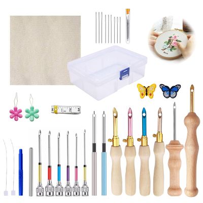 Yallmie 35 PCS Punch Needle Embroidery Kit, Easy Stitch Embroidery Needle Set Adjustable Punch Needle Tool with Threader, Needle Punch Kit for Adult Beginners Cross, Stitch, DIY Craft