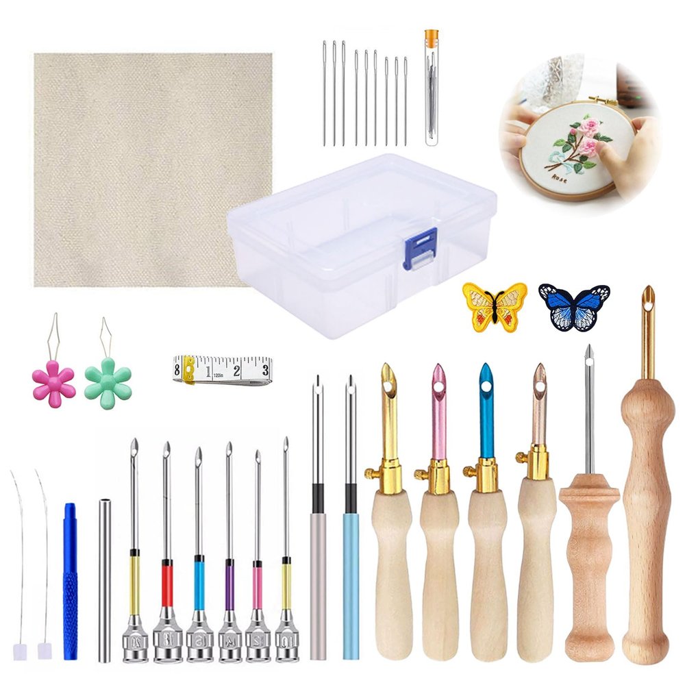Yallmie 35 PCS Punch Needle Embroidery Kit, Easy Stitch Embroidery Needle Set Adjustable Punch Needle Tool with Threader, Needle Punch Kit for Adult Beginners Cross, Stitch, DIY Craft
