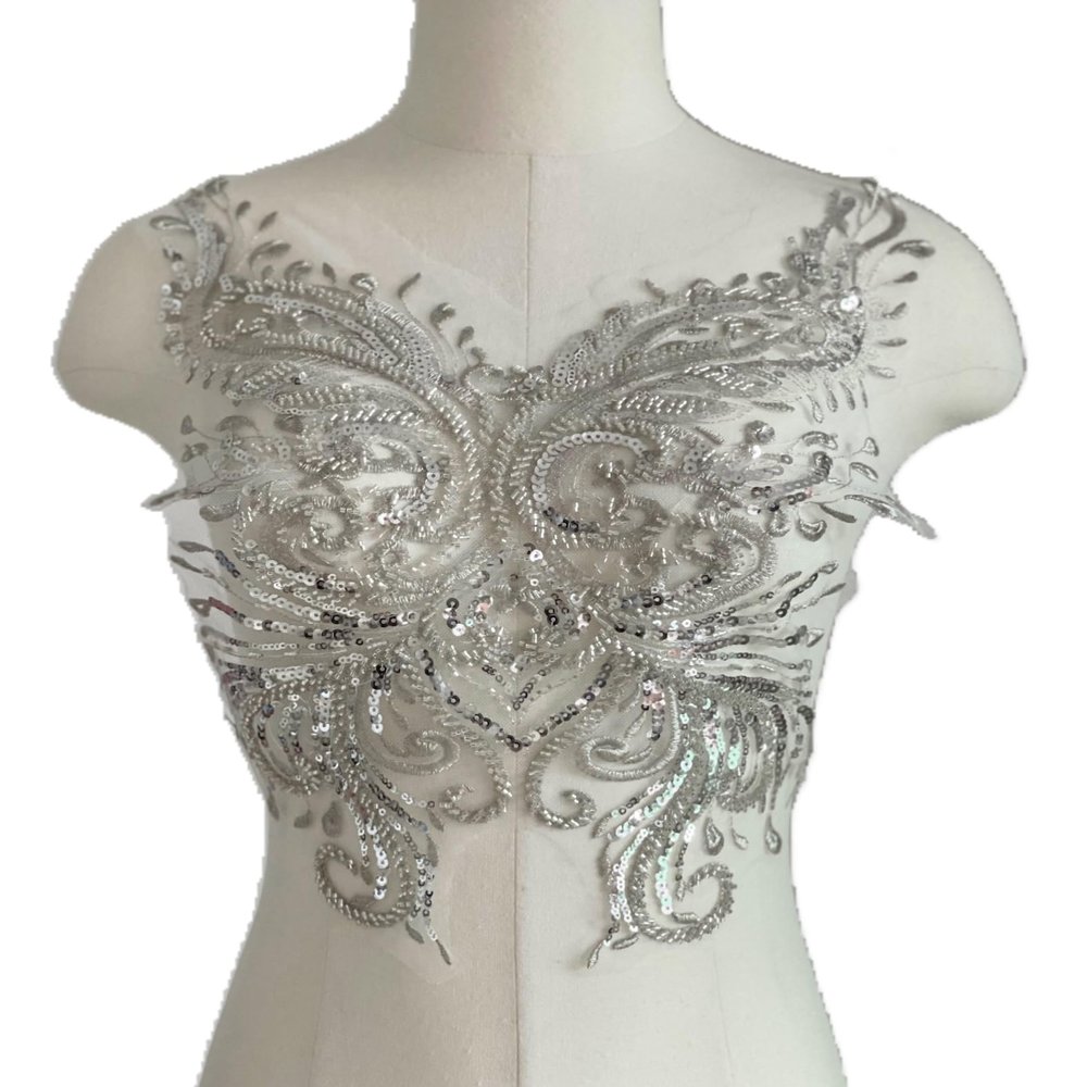 JRYYR Flower Sequin Appliques, Silver Appliques, Bodice Applique, Beaded Applique for Dresses, Dancewear, Evening Gowns, Apparel and More (Silver)