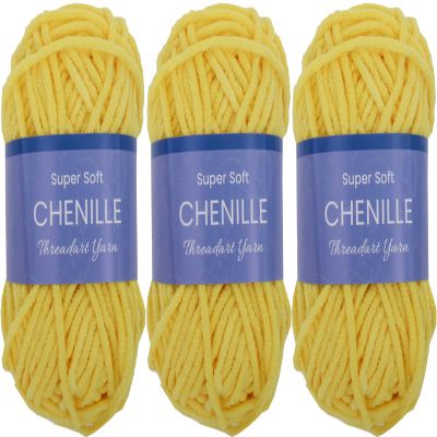 3 Pack ThreadArt Chenille Yarn for Crocheting, Knitting, Amigurumi, Super Soft Plush Velvet Yarn - 50 Gram 60 yds #5 Fluffy Yarn Skeins - Yellow 07