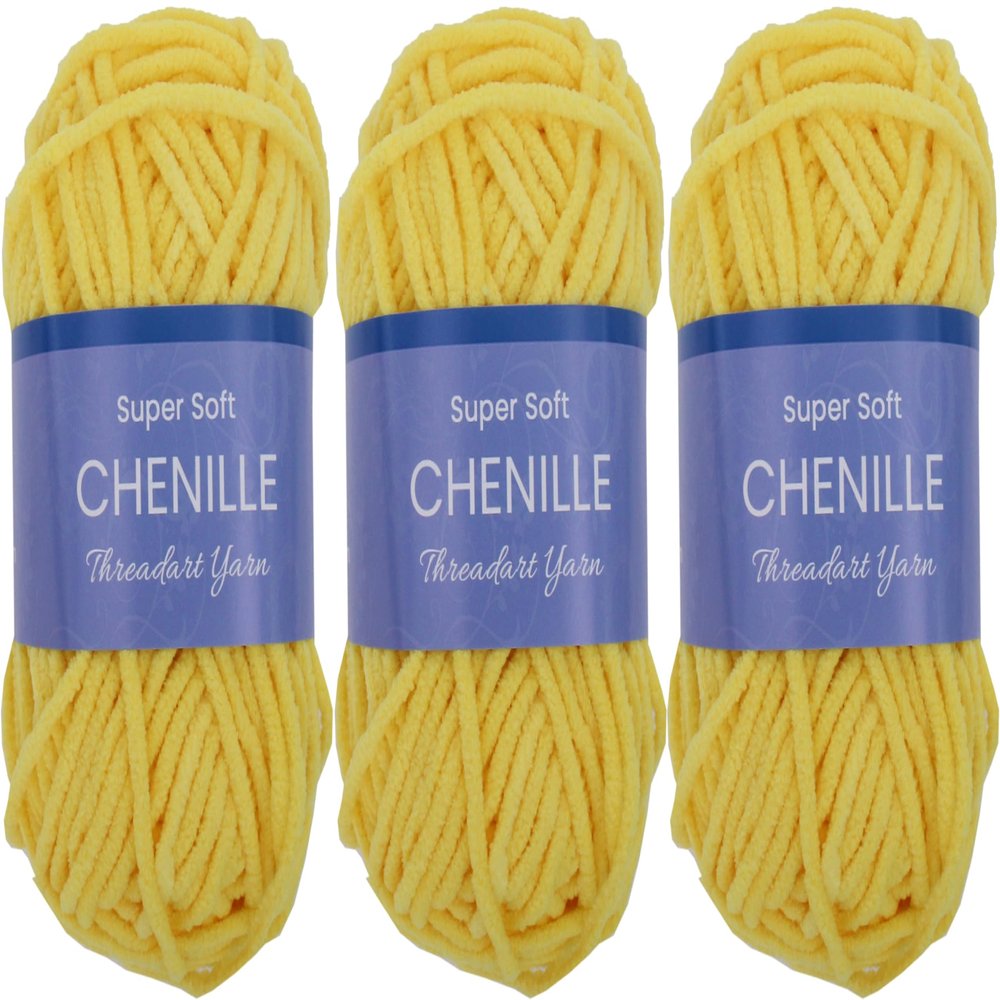 3 Pack ThreadArt Chenille Yarn for Crocheting, Knitting, Amigurumi, Super Soft Plush Velvet Yarn - 50 Gram 60 yds #5 Fluffy Yarn Skeins - Yellow 07