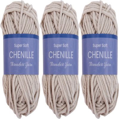 Threadart 3 Pack Super Soft Chenille Yarn for Crocheting, Knitting, Amigurumi, 50 Gram 60 yds #5 Fluffy Yarn Skeins - Natural