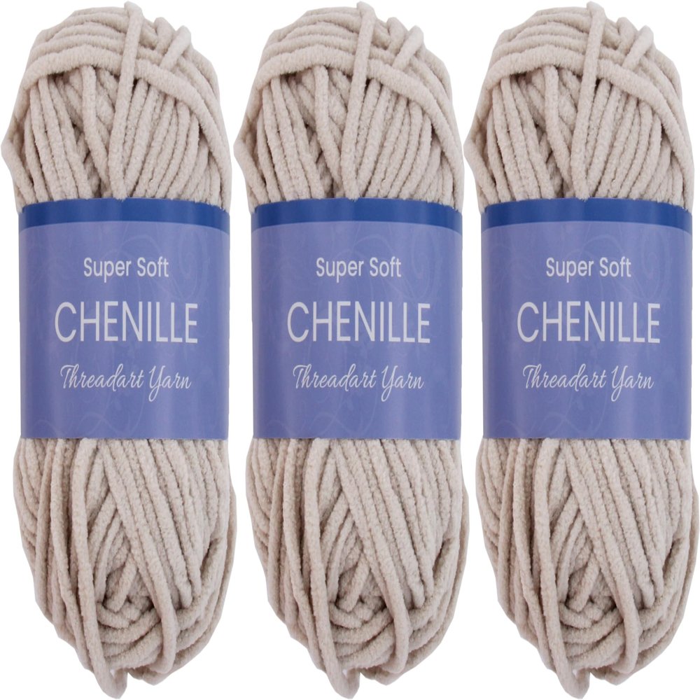 Threadart 3 Pack Super Soft Chenille Yarn for Crocheting, Knitting, Amigurumi, 50 Gram 60 yds #5 Fluffy Yarn Skeins - Natural