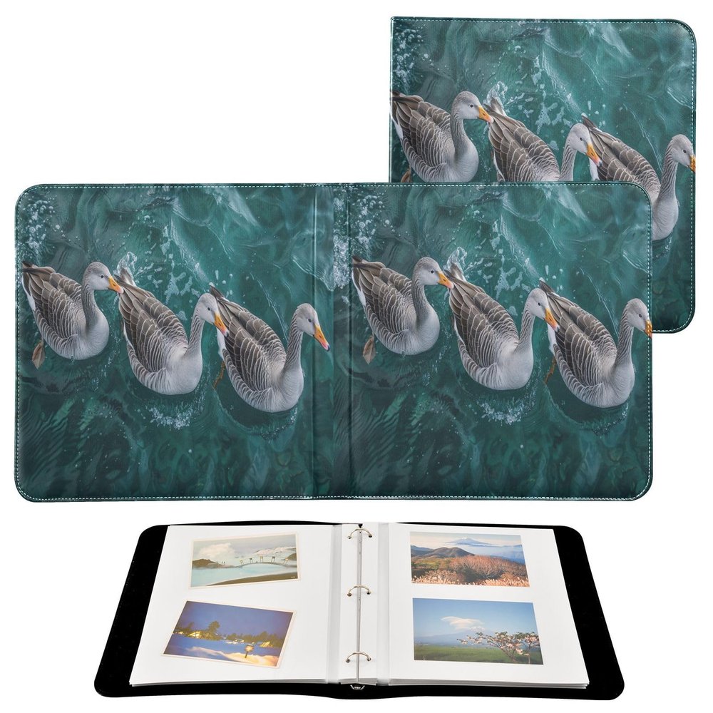 Coikll Three Gray Geese Leather Photo Album 3-Ring DIY Picture Book for Family Wedding Self-Stick Scrapbook