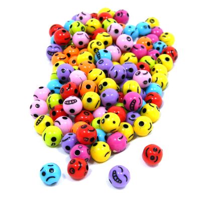 100 Assorted Opaque Color 8mm Round Smiley, Sad, Happy, Mad Emotion Face Plastic Expression Beads